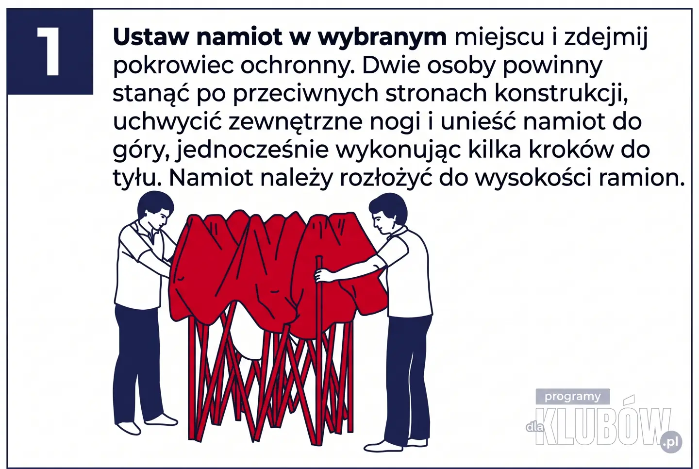 Krok 1: Dwie osoby unoszą stelaż namiotu do wysokości ramion