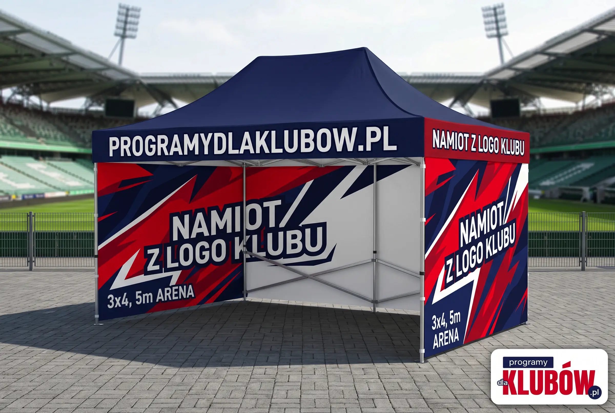 Namiot ekspresowy nożycowy ARENA 3x4,5m zadrukowany w barwy klubowe z logo Programy Dla Klubów